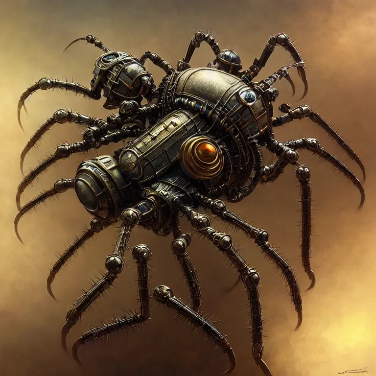 Image similar to portrait shot of a steampunk robot spider, unreal engine realistic render, 8 k, micro detail, intricate, elegant, highly detailed, centered, digital painting, artstation, smooth, sharp focus, illustration, artgerm, tomasz alen kopera, peter mohrbacher, donato giancola, joseph christian leyendecker, wlop, boris vallejo