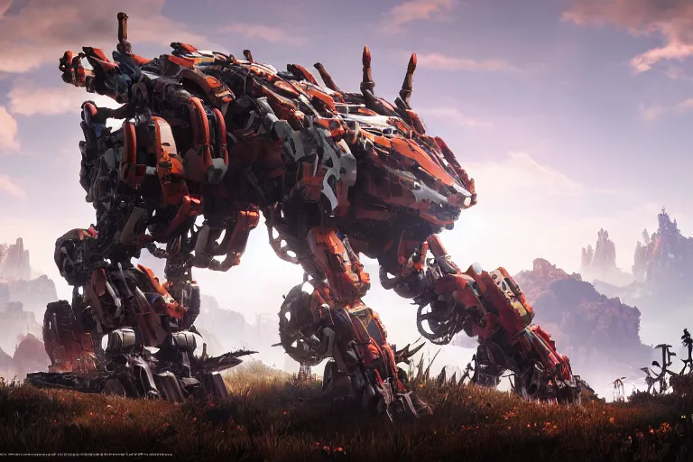 Image similar to sawtooth machine mecha animal beast robot of horizon forbidden west horizon zero dawn bioluminiscence global illumination ray tracing hdr fanart arstation by sung choi and eric pfeiffer and gabriel garza and casper konefal