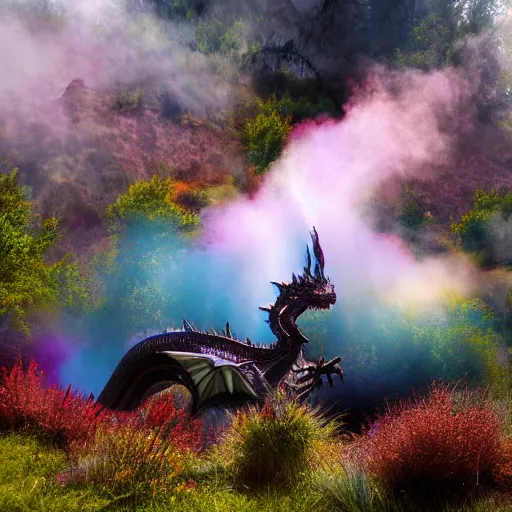 Image similar to highly detailed photograph of a dragon in a steaming colorful hotspring with woodland forest backdrop, featured on artstation