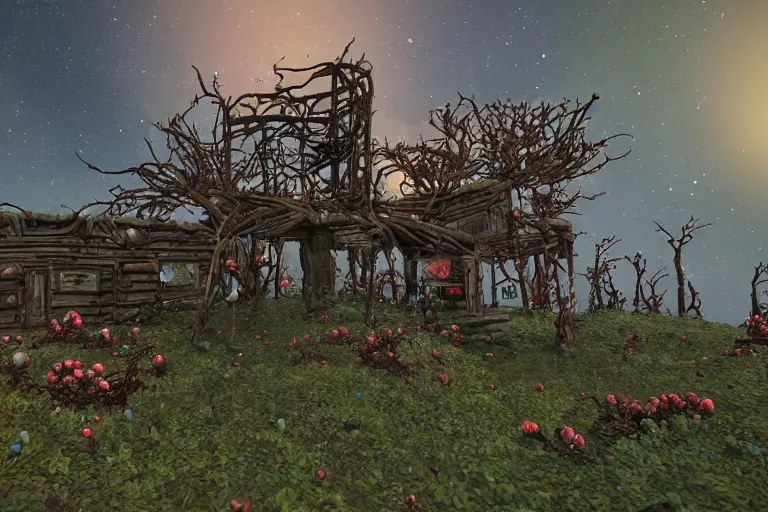 Image similar to a Tinker's shack on a barren planet, wild berry vines, a berry farm, space junk, volcanoes