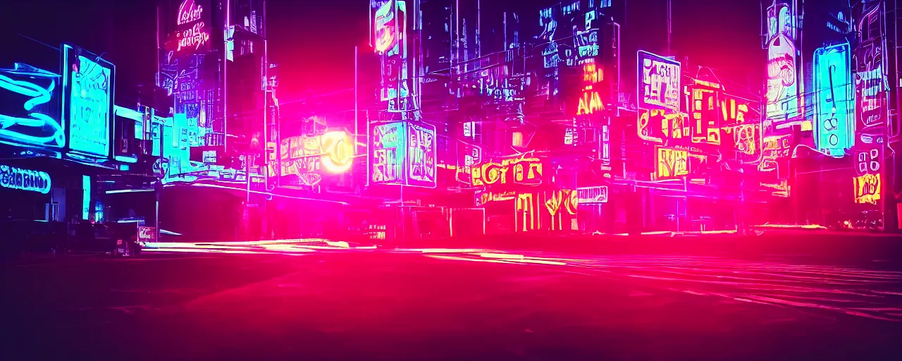 Image similar to night city, neon lights, glow signs , retrowave style, sunset