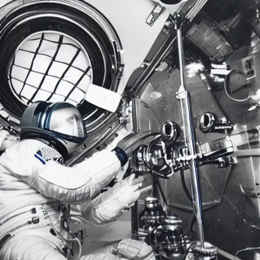 Prompt: an astronaut using a vintage camera. taking a photo of beer