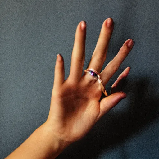 Prompt: a photo of woman's hand with ring, five fingers