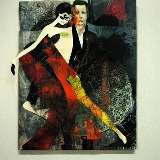 Prompt: tango, collage and oil on canvas by dave mckean and yoshitaka amano