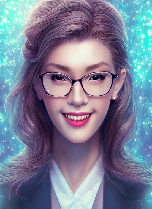 Image similar to beautiful, secretary woman, extremely detailed gorgeous face, looks realistic, hyper-detailed portrait, happy smile, vaporwave aesthetic, synthwave, magical, fantasy, ninchaku , artist Artgerm i and WLOP