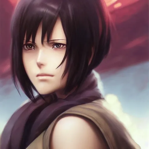 Image similar to mikasa ackerman, keh, beautiful face!!!!, 2 7 years old, cg animation, lifelike, animated, realistic, character select portrait, by artgerm, greg rutkowski, alphonse mucha, 3 d