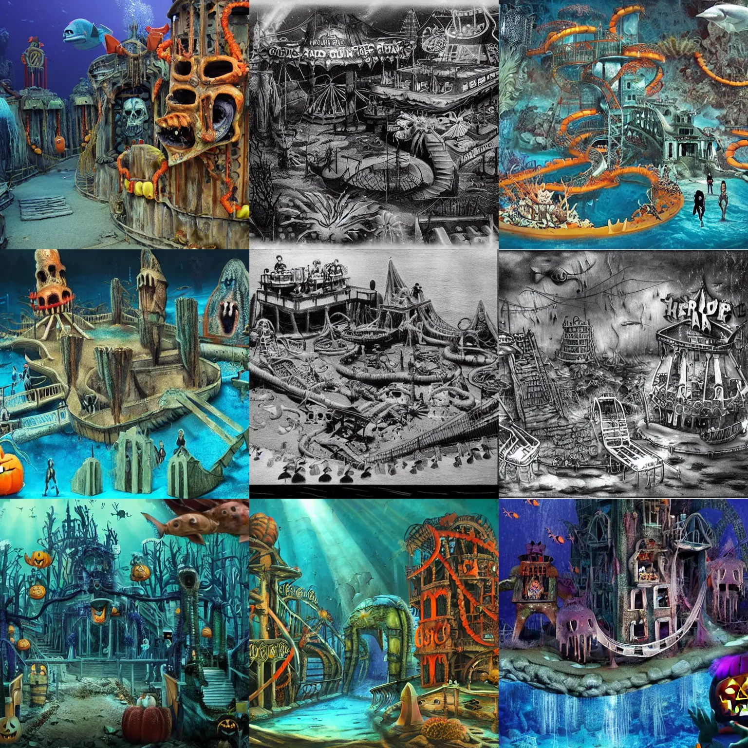 Prompt: a horror based underwater suburb based on an amusement park during halloween that takes place incredibly deep underwater and is built on the idea of the lost city of atlantis, halloween decorations, underwater city, amusement park, spooky, amusement park attractions, deep sea, horror themed, fun, in the style of harper groff and robertryan cory