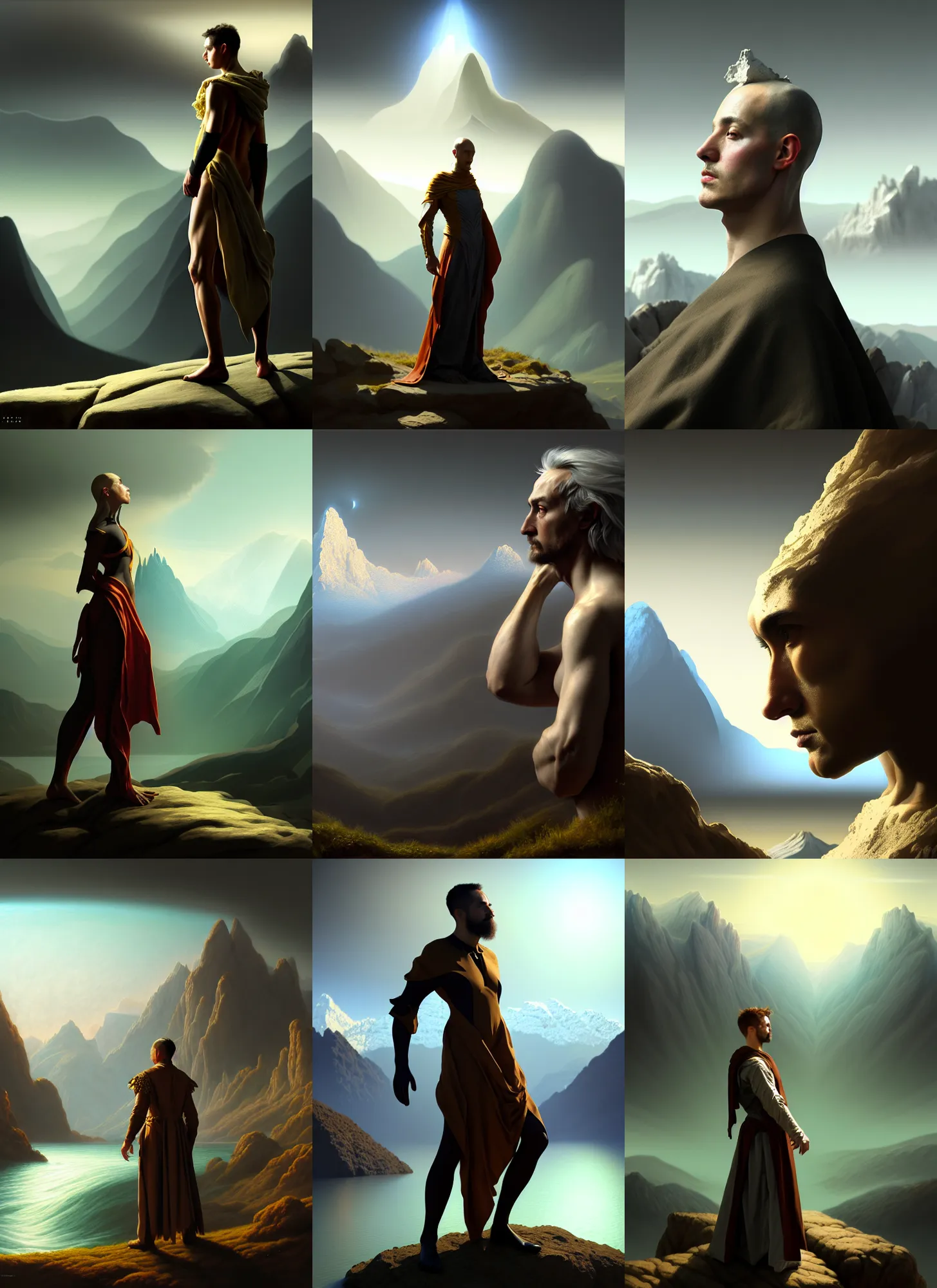 Prompt: visionary, costume design made by complexity, sophisticated composition, old masters light composition, procedurally generated, drama character posing for concept art, dramatic mountains behind, substance designer, PBR, HD, Ultra detailed, hyperrealistic, megascans, volumetric light, concept by master artist, made in paint tool SAI2, trending pixiv aesthetic face