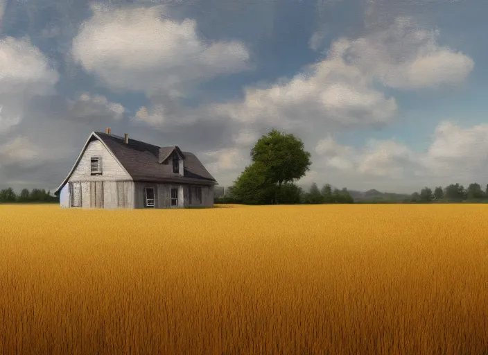 Prompt: a realistic digital oil painting of a house in the middle of a wheat field with a fence and trees surrounding it, pathway in the field, digital art, trending on artstation, detailed