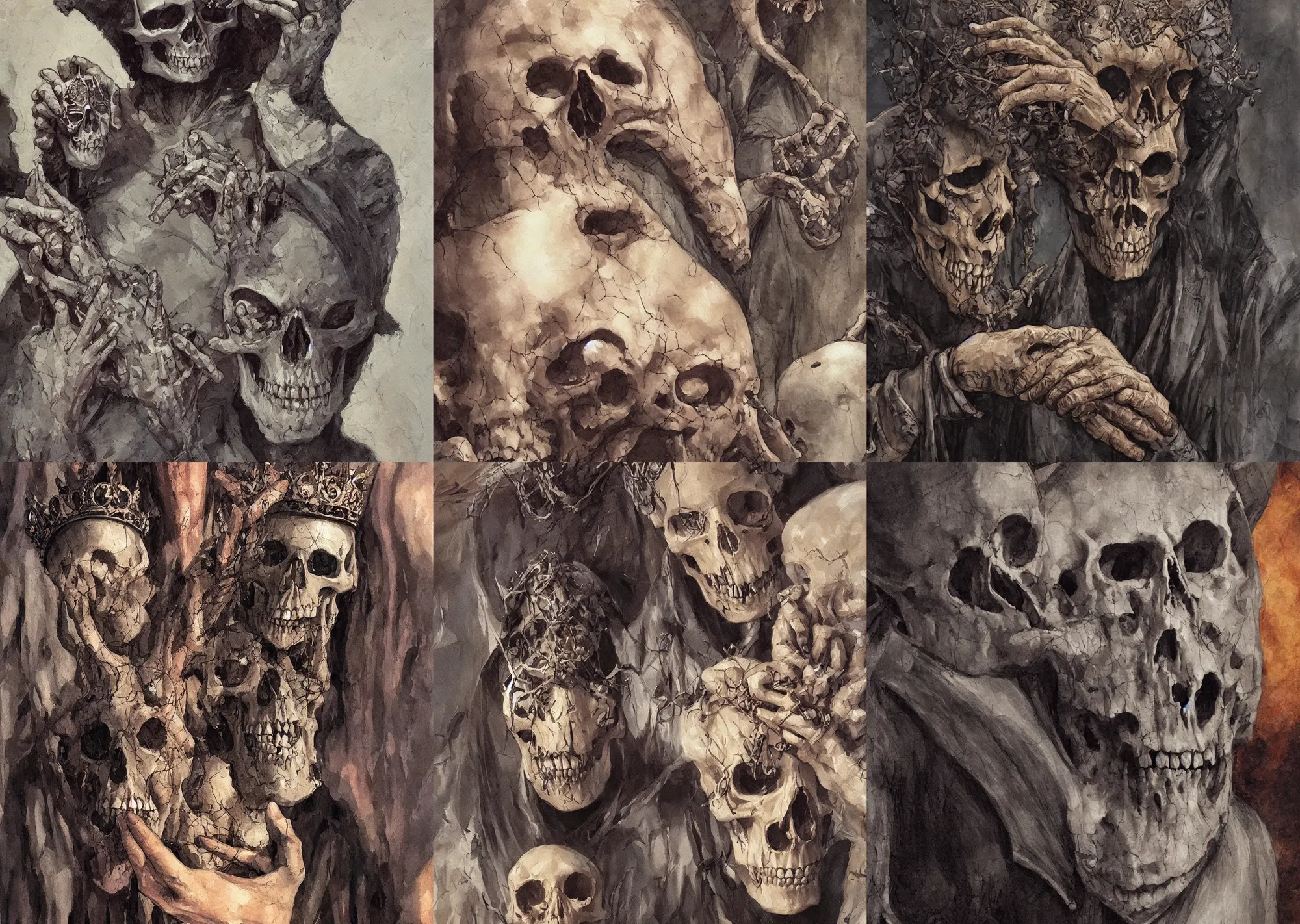 Prompt: A young man look at a skull in his hand. He wear a long dark robe and a crown. By Régis Loisel and Enki Bilal and Tony Sandoval and Oliver Ledroit. Oil painting. Close-up