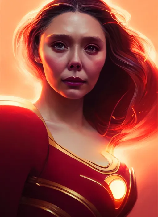 Image similar to portrait of modern darna, elizabeth olsen, intricate, elegant, glowing lights, highly detailed, digital painting, artstation, glamor pose, concept art, smooth, sharp focus, illustration, art by wlop, mars ravelo and greg rutkowski