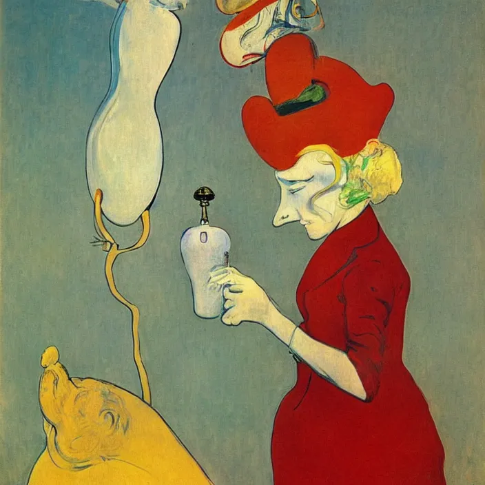 Image similar to dream infusion in a woman with white dress and colorful primitive mask and blue dog. lamp light. henri de toulouse - lautrec, rene magritte, max ernst, walton ford