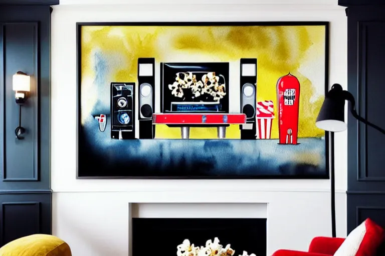 Image similar to very wide angle, a modern home movie theater with big screen, stylish wall sconces, old popcorn machine!, movie posters!, very happy and cozy, interior designed by kelly wearstler, rough watercolor painting