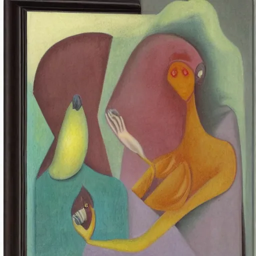 Image similar to abstract figurative art, leonora carrington style, lovers eat pears, dreamy, muted, pastel colors