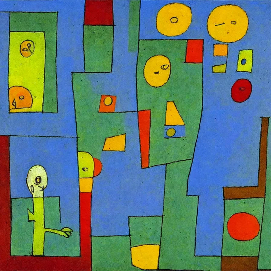 Image similar to a painting in the style of paul klee, a man looks through the window of an old house and sees a woman in a blue dress surrounded by sun flowers
