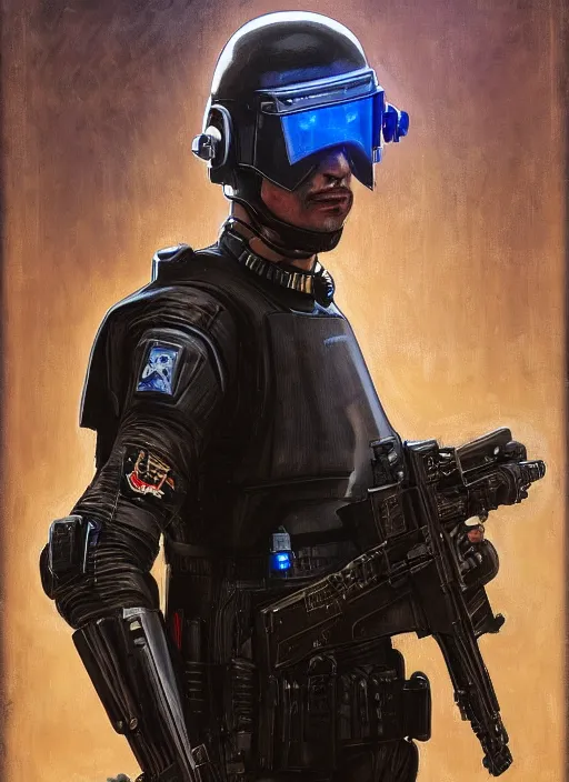 Image similar to Eliezer Nash. Menacing Cyberpunk police trooper wearing a combat vest and cybernetic combat gear. (dystopian, police state, Cyberpunk 2077, bladerunner 2049). Iranian orientalist portrait by john william waterhouse and Edwin Longsden Long and Theodore Ralli and Nasreddine Dinet, oil on canvas. Cinematic, vivid colors, hyper realism, realistic proportions, dramatic lighting, high detail 4k