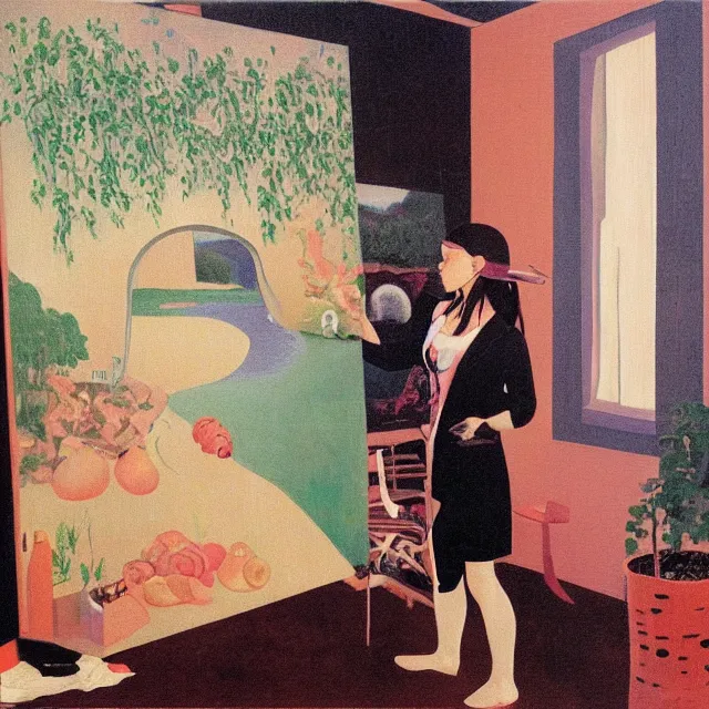 Image similar to female emo art student in her apartment, painting of flood waters inside an artist's feminine bedroom, a river flooding indoors, pomegranates, pigs, ikebana, water, octopus, river, rapids, waterfall, black swans, canoe, berries, zen, acrylic on canvas, surrealist, by magritte and monet