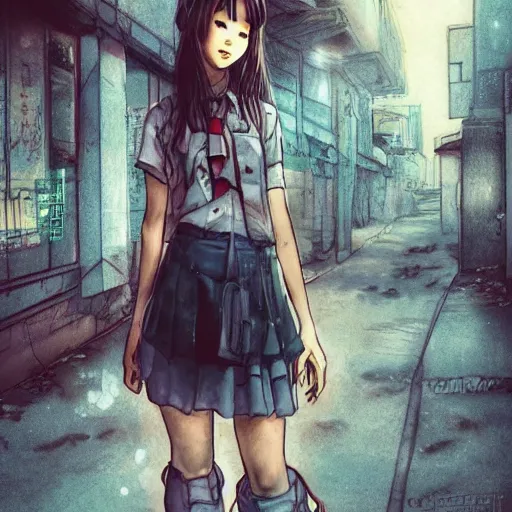 Image similar to a perfect, realistic professional digital sketch of a Japanese schoolgirl posing in a postapocalyptic alleyway, style of Marvel, full length, by pen and watercolor, by a professional American senior artist on ArtStation, a high-quality hollywood-style sketch, on high-quality paper