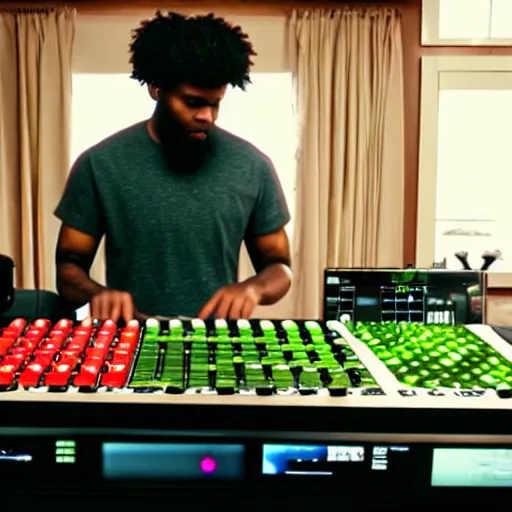 Image similar to film still of bipedal fresh produce making beats on an mpc