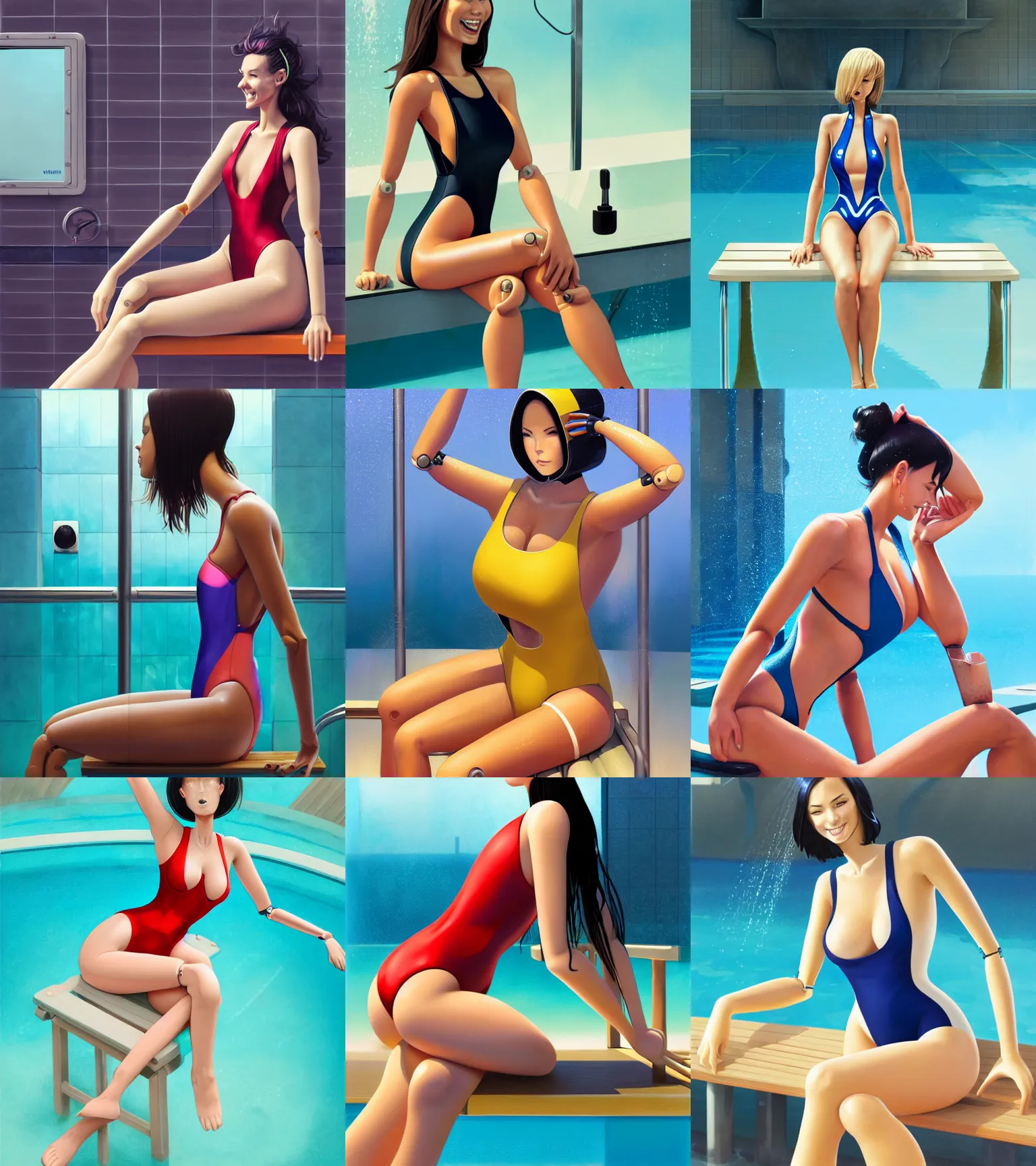 Prompt: attractive female robot in the closed one-piece swimsuit monokini, sitting at the bench in the pool shower, hourglass slim figure, juicy legs, visible stomach, thigh focus, full body shot close up, seductive smile, looking at the viewer, details, sharp focus, illustration, by Jordan Grimmer and greg rutkowski, Trending artstation, pixiv, digital Art