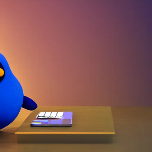 Image similar to pingu sitting behind a computer, 3 d render,, art, epic lighting, clay, claymation