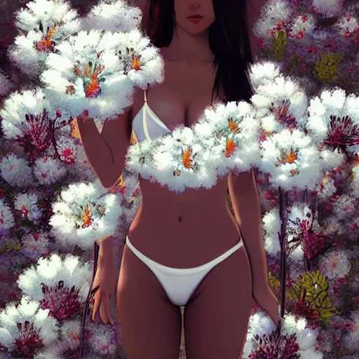 Image similar to girl wearing an bikini made of white flowers, art made by ilya kuvshinov,