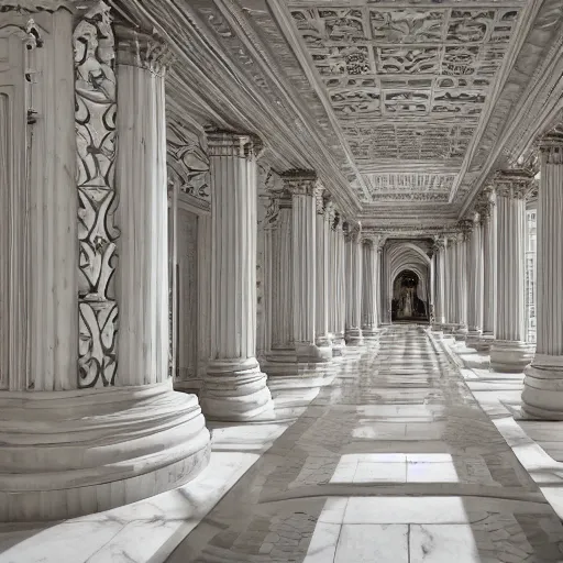 Prompt: interior of a white marble labyrinth in ornate renaissance style carving. symmetry columns, architectural photograph, sharp focus