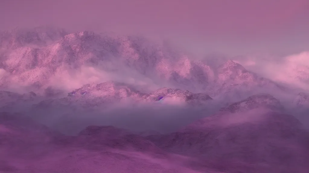 Prompt: a war between difference samurai fractions ongoing on soft glow pink desert with snow mountains and cloudy skies, purple fog, long exposure, detailed, hyper realistic, photorealism, landscape, ultra wide angle view, peaceful, cinematic, volumetric lighting, god ray through clouds