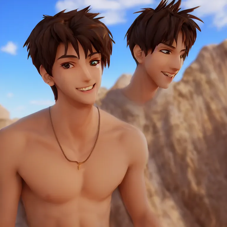 Prompt: Render of a very handsome 3d anime-style man, short hair, brown eyes, round face, cute smile, 5 o-clock shadow, open shirt, hairy chest, golden hour, serene beach setting, medium shot, mid-shot, highly detailed, trending on Artstation, Unreal Engine 4k