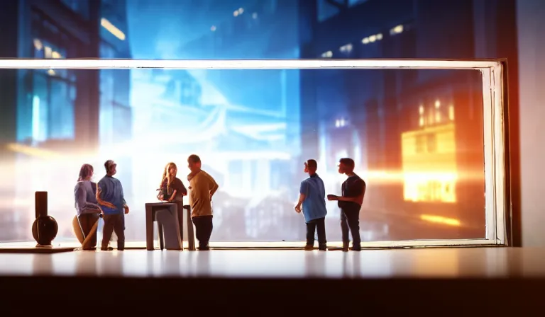 Image similar to group of people in simple windowed warehouse, looking at hologram of futuristic city on a table, cinematic concept art, godrays, golden hour, natural sunlight, 4 k, clear details, tabletop model buildings, center model buildings, hologram center, crane shot, crane shot, crane shot