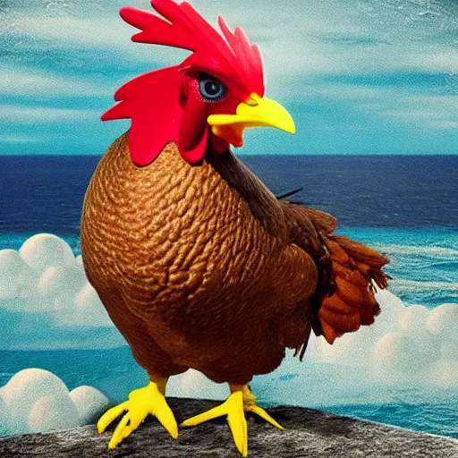 Prompt: humanoid chicken with a headache, on a flight over the sea, realistic scene, very detailed