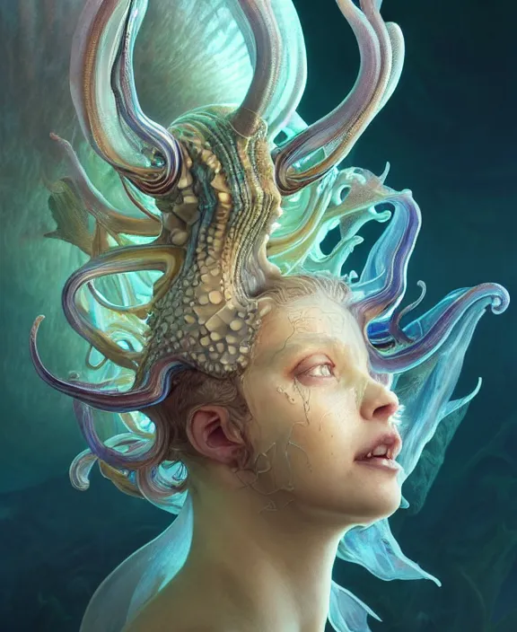 Image similar to intricate transparent portrait of a terrifying beautiful alien sea slug, horns, mottled coloring, adorable, childlike, anxiety environment, ultra realistic, concept art, art nouveau, photorealistic, octane render, 8 k, unreal engine. art by christopher marley and artgerm and greg rutkowski and alphonse mucha