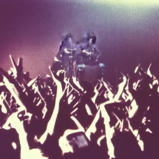 Image similar to 19-year-old girl wearing black leather jacket and denim jeans, New Wave of British Heavy Metal, 1981, Polaroid, crowd of longhairs, British flag, concert