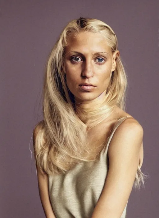 Image similar to photograph of an olive skinned blonde female in her late twenties, her hair pinned up, wearing a designer top, looking content, focused on her neck, photographer annie leibovitz