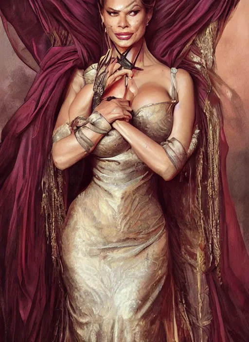 Image similar to sofia vergara as a heroine with a dress inspired by american horror story, digital painting, artstation, concept art, smooth, sharp focus, illustration, in - frame, centered, art by artgerm and donato giancola and joseph christian leyendecker, ross tran, wlop