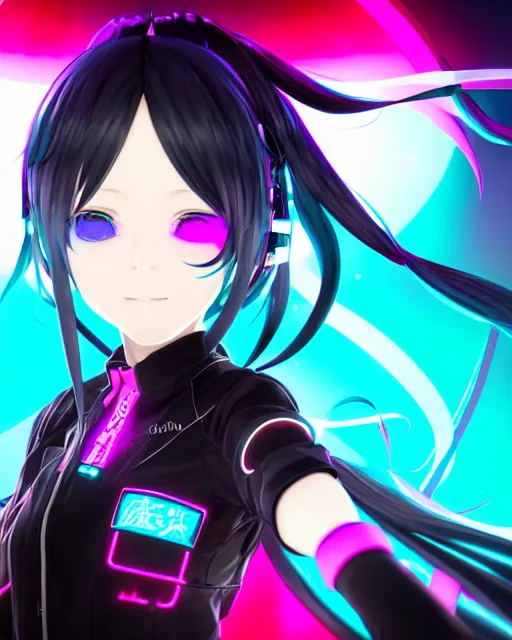 Prompt: beautiful portrait of hatsune miku as BRS anime facing the camera centered in the style of a code vein character, momo from twice in code vein in the style of WLOP, artgerm, yasutomo oka, rendered in unreal engine and redshift octane , background is surrounded by epic neon glitch effect digital art dynamic dramatic lighting, soft lighting, imagine fx, artstation, cgsociety, by Bandai Namco artist,