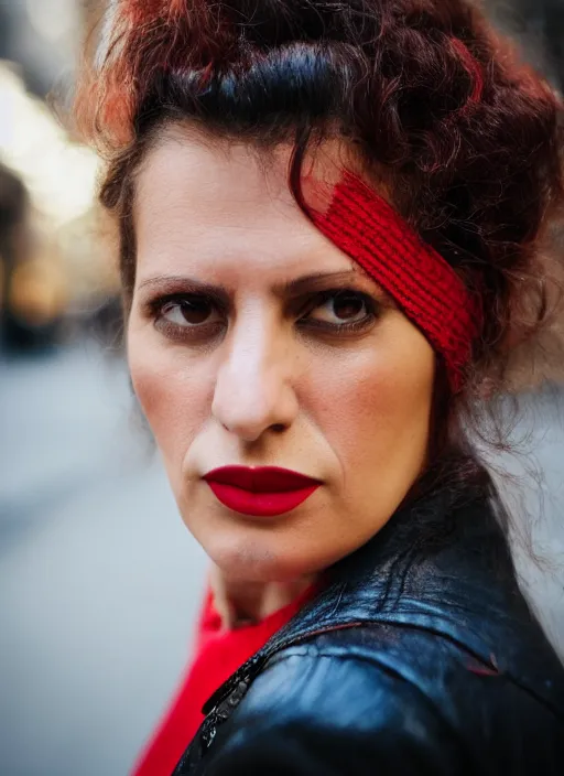 Prompt: close up portrait of beautiful 35-years-old Italian woman, wearing a red outfit, well-groomed model, candid street portrait in the style of Mario Testino award winning