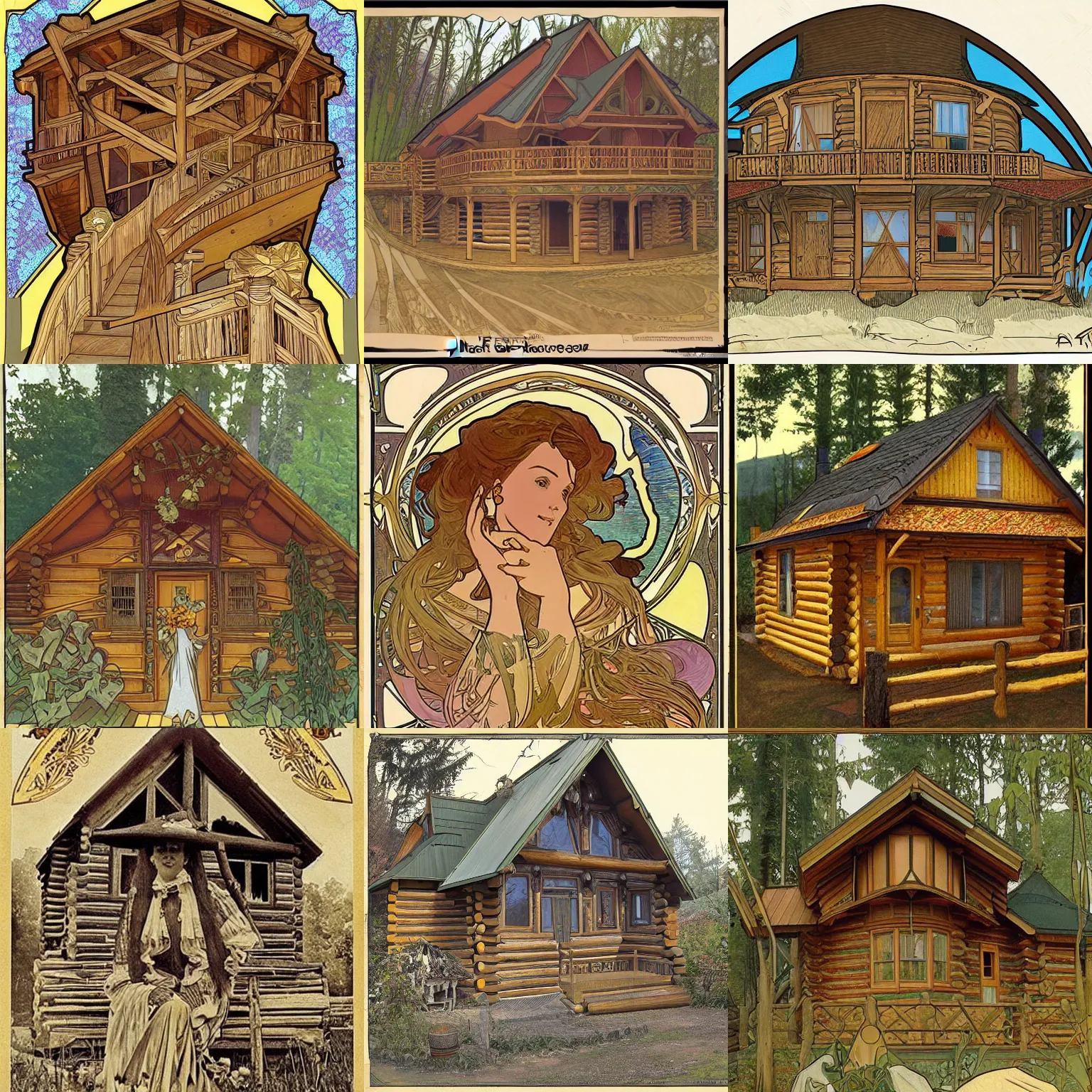 Image similar to a log cabin in the style of alphonse mucha