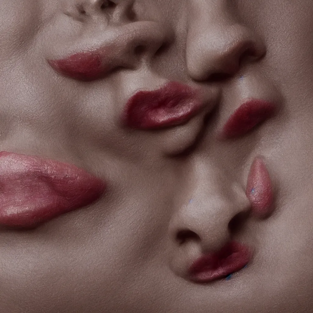 Image similar to woman\'s lips made of clay on a bed