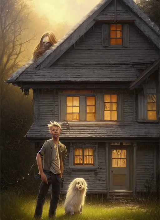 Prompt: highly detailed portrait of a blonde long - haired hillbilly in front of old style house, with his fluffy black and gray australian shepherd, stephen bliss, art by greg rutkowski, loish, rhads, ferdinand knab, makoto shinkai and lois van baarle, tom bagshaw, global illumination, artstation