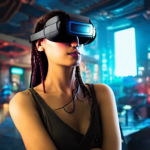 Image similar to a high quality portrait of a beautiful stunning pirate in a cyberpunk cyberpunk cyberpunk cafe wearing a VR visor realism 8k award winning photo