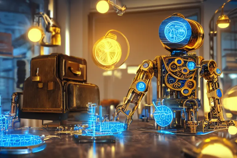 Prompt: photo of a golden and blue metal steampunk office robot with gears and tubes sitting in a modern office, on the table is a suitcase with money, eyes are glowing red lightbulbs, shiny crisp finish, 3 d render, 8 k, insaneley detailed, fluorescent colors, background is multicolored lasershow