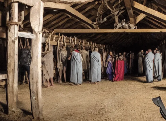 Image similar to photo of a queue of many cultists in a barn in front of a sacrificial altar with the head cultist hilding a ceremony knife in the center