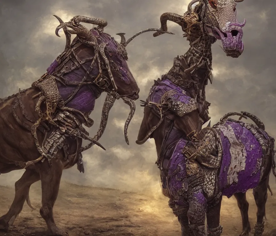 Image similar to horse with snake head and bull horns wearing purple medieval armour cowboy hat and dollar bill print cowhide snake skin texturing, by Greg Rutkowski, 8K, hyper detailed, realistic, by onesal, by sixnfive , behance 3d , studio photography DSLR, Photoreal epic composition