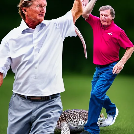 Image similar to Steve Spurrier dancing with an alligator, high detail, photo realistic, rendered 8k