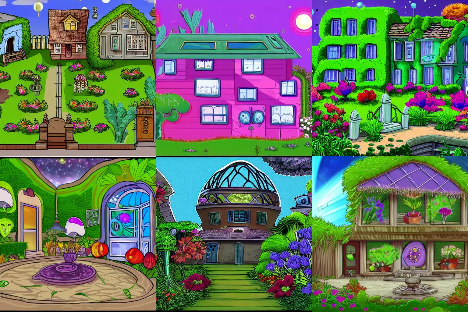 Prompt: a house with a garden in front of it, the garden is full of alien flowers and plants, from a space themed Serria point and click 2D graphic adventure game, high quality cartoon style graphics