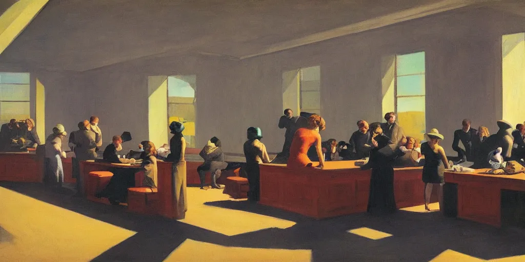 Image similar to painting, view from inside edward hopper's painting nighthawks, of a group of werebears inside a gallery, by magrirre, by neo rauch