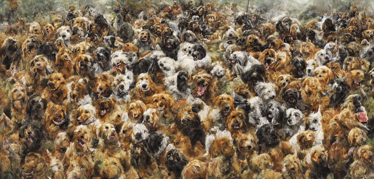 Image similar to cheerful painting of dogs at war, multiple points of focus, detailed painting by ralph goings, soft edges, tilt shift