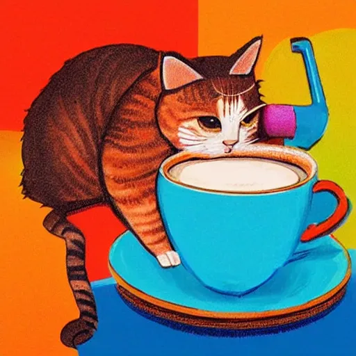 Prompt: colorful album cover art of a cat, drinking a cup of coffee