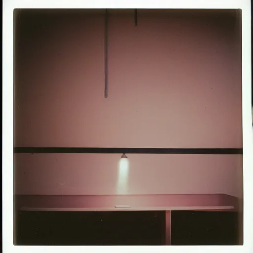 Prompt: polaroid photo a of lonely office space, desolate atmosphere, faint pink led string lights can be seen, portra 800